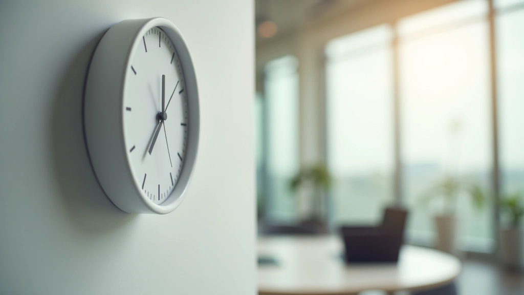 Analog clock on wall showing time, desk workspace in background with laptop and coffee cup, morning light