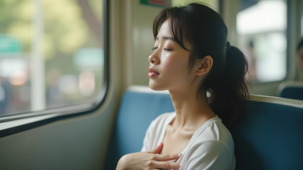 Woman commuting on MRT train practicing breathing techniques