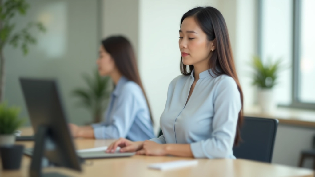 Professional woman practicing diaphragmatic breathing at her desk