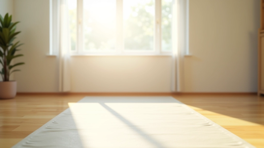 Clean home bedroom with yoga mat rolled out, natural window light, minimalist aesthetic, morning setting