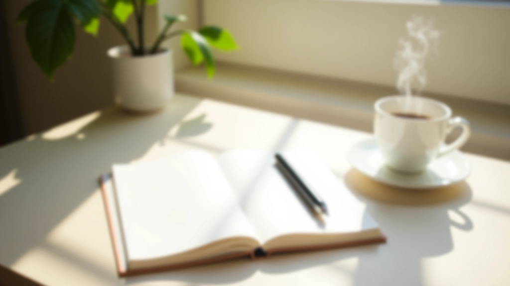 Desk with notebook and pen, morning coffee, natural window light, professional workspace, calm composition