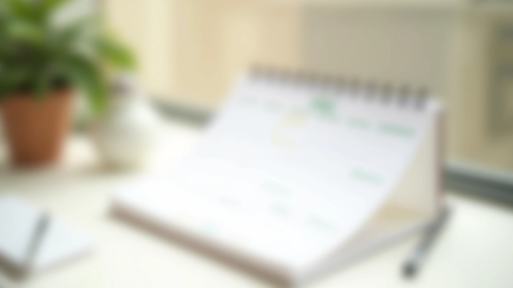 Modern calendar on desk with meditation time blocked out, morning sunlight, organized workspace