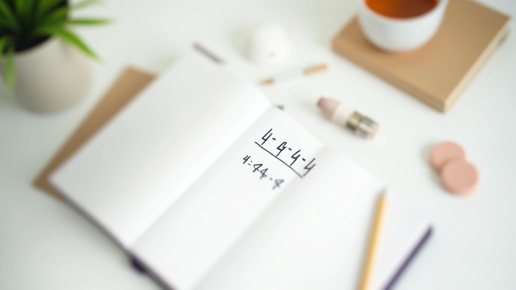 Notebook with breathing pattern written as numbers 4-4-4-4, pen beside it on clean desk