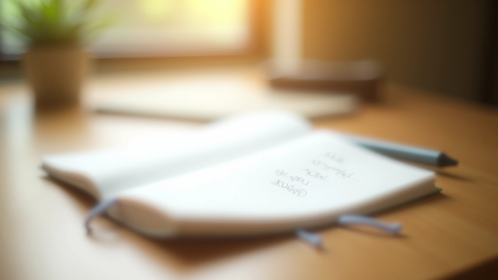 Open notebook with breathing exercise written step-by-step, pen and coffee cup on clean desk, morning light
