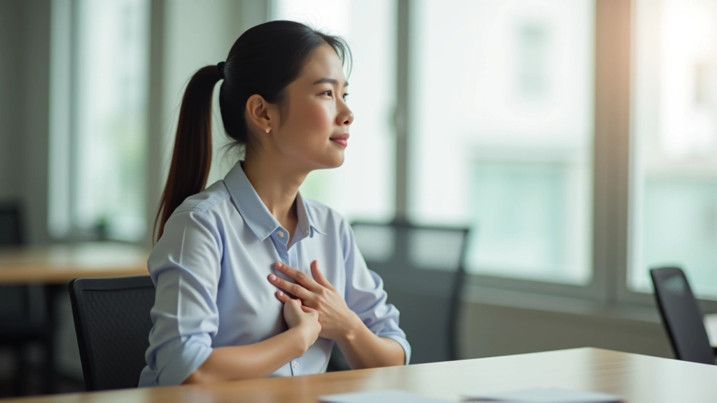 Person sitting at desk taking a deep breath with hand on chest, calm expression, office environment