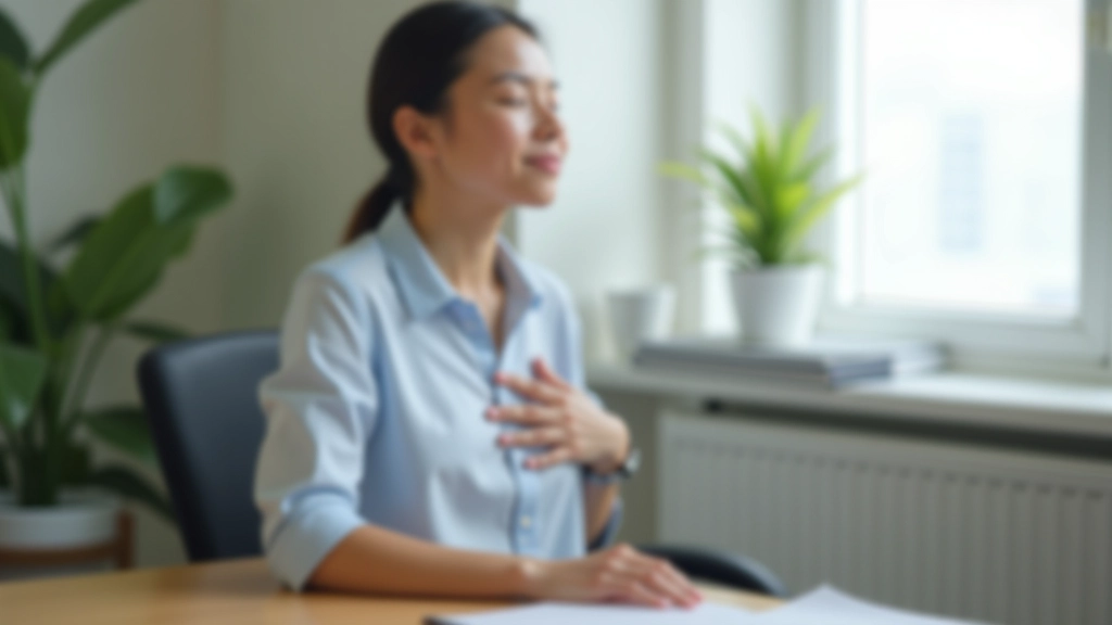 Person sitting at desk with eyes closed, hand on chest, practicing calm breathing technique in bright office