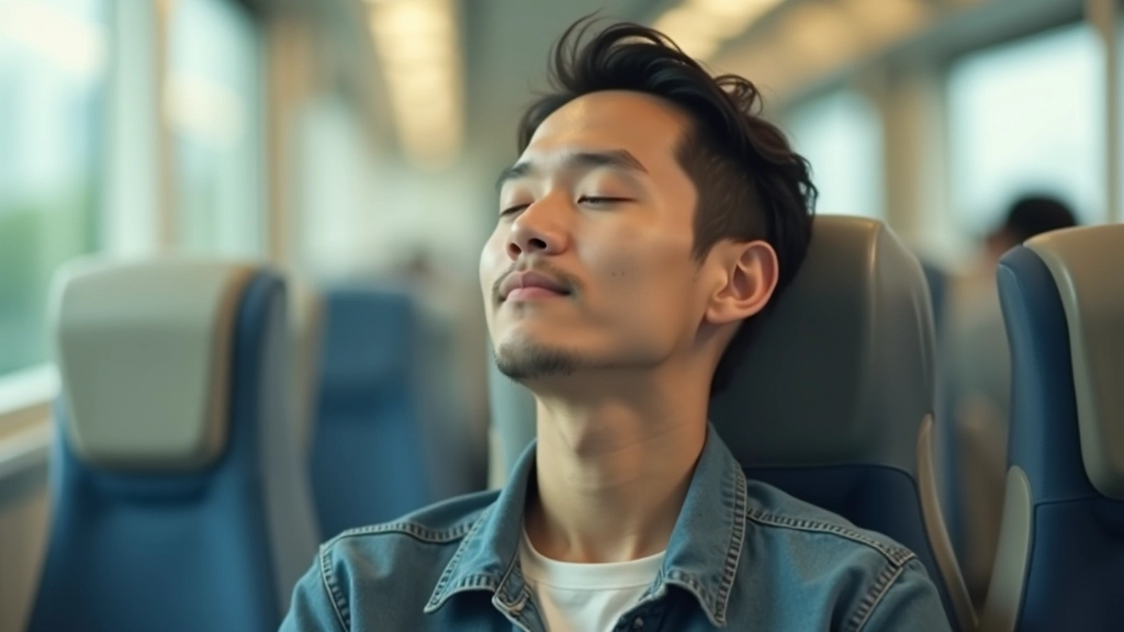 Person sitting on public transport with headphones, calm expression, commuting environment, urban setting