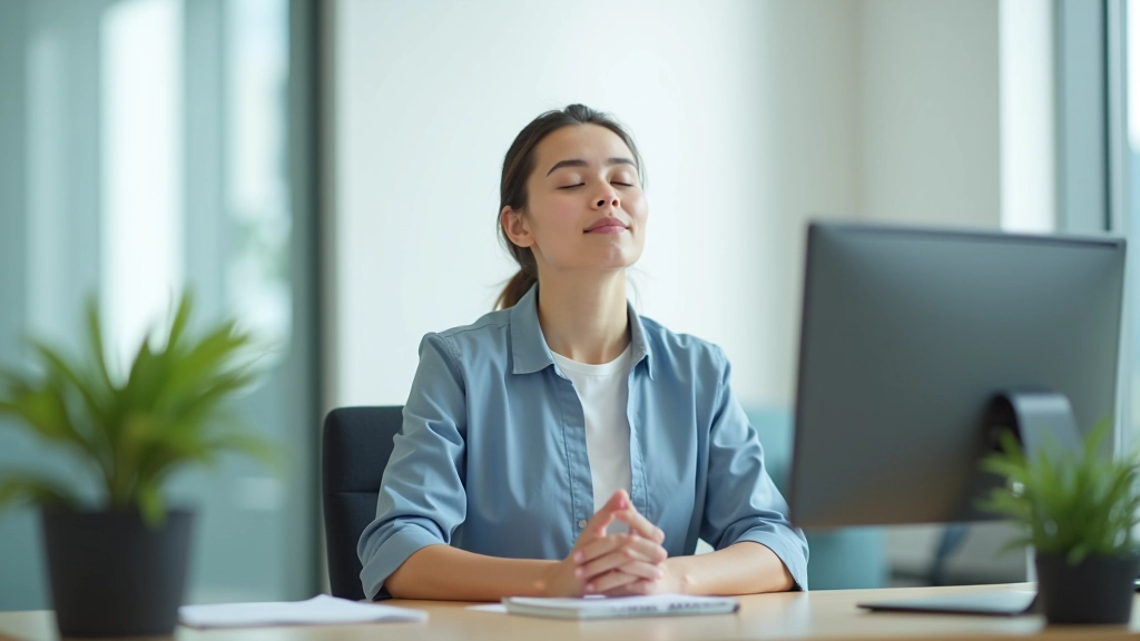 Person practicing deep breathing at modern workspace, hands on chest, calm focused expression, bright office setting