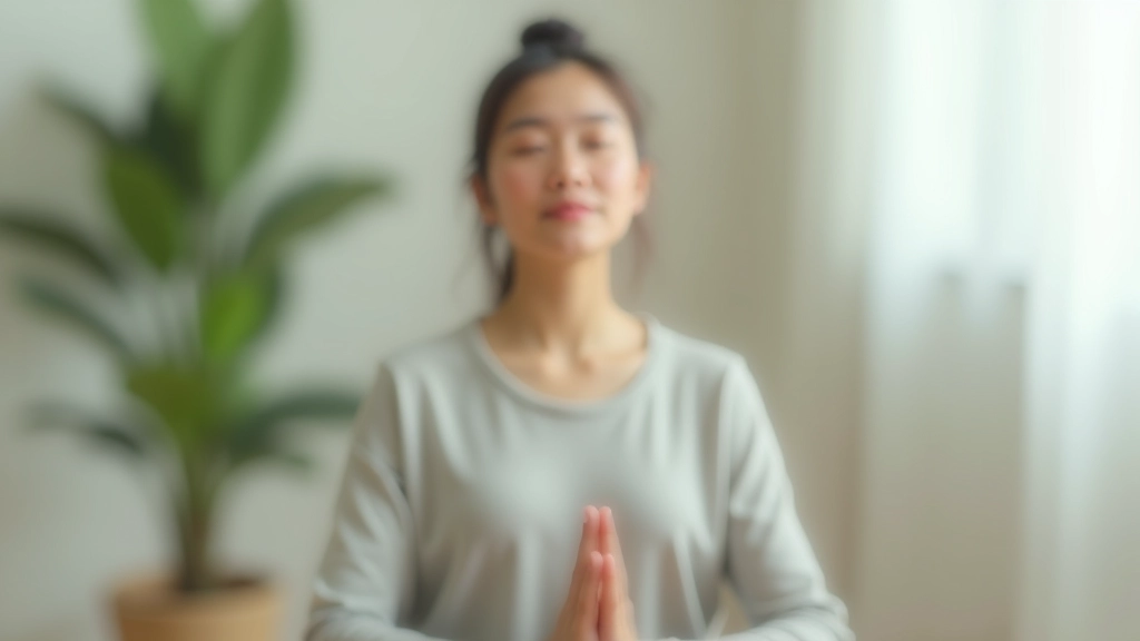 Person meditating with peaceful expression, sitting cross-legged in bright, minimalist room with natural light