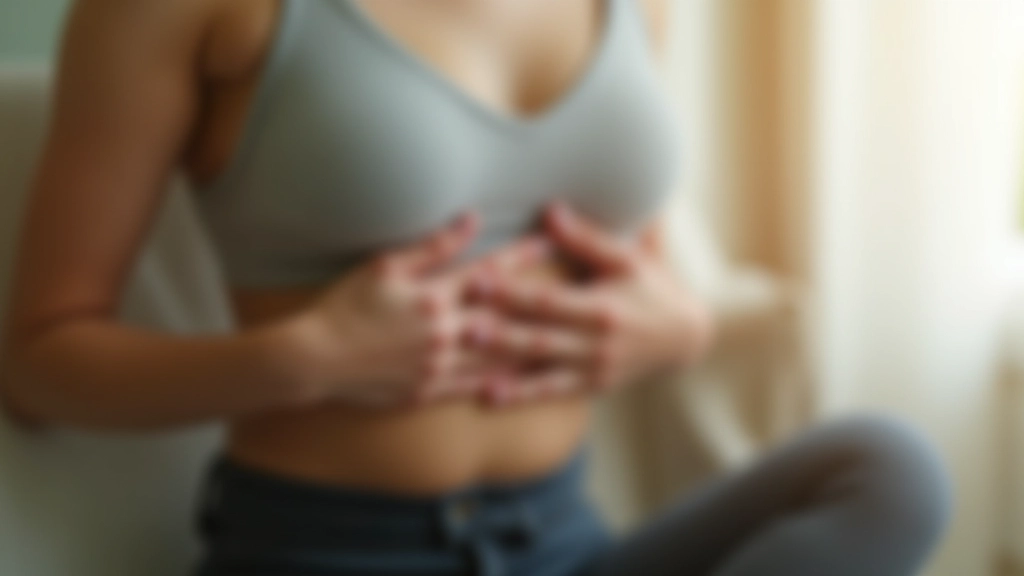 Close-up of person's hands resting on abdomen during breathing exercise, serene expression, soft natural light