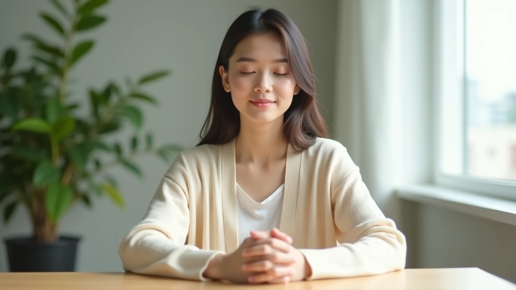 Person in calm office environment with eyes closed practicing breathing exercise, peaceful moment at desk