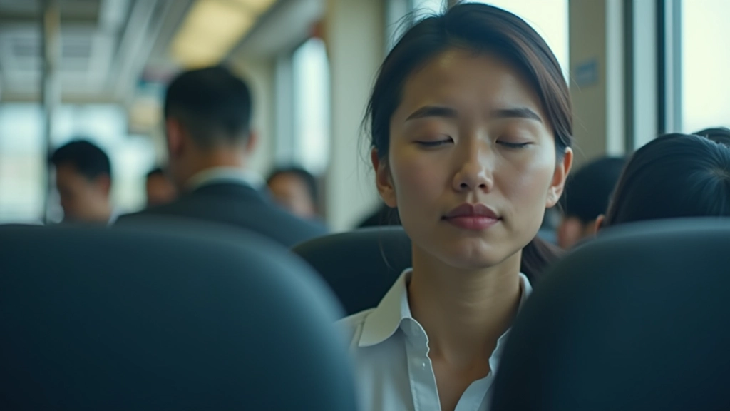 Woman on MRT practicing breathing technique during commute, peaceful expression
