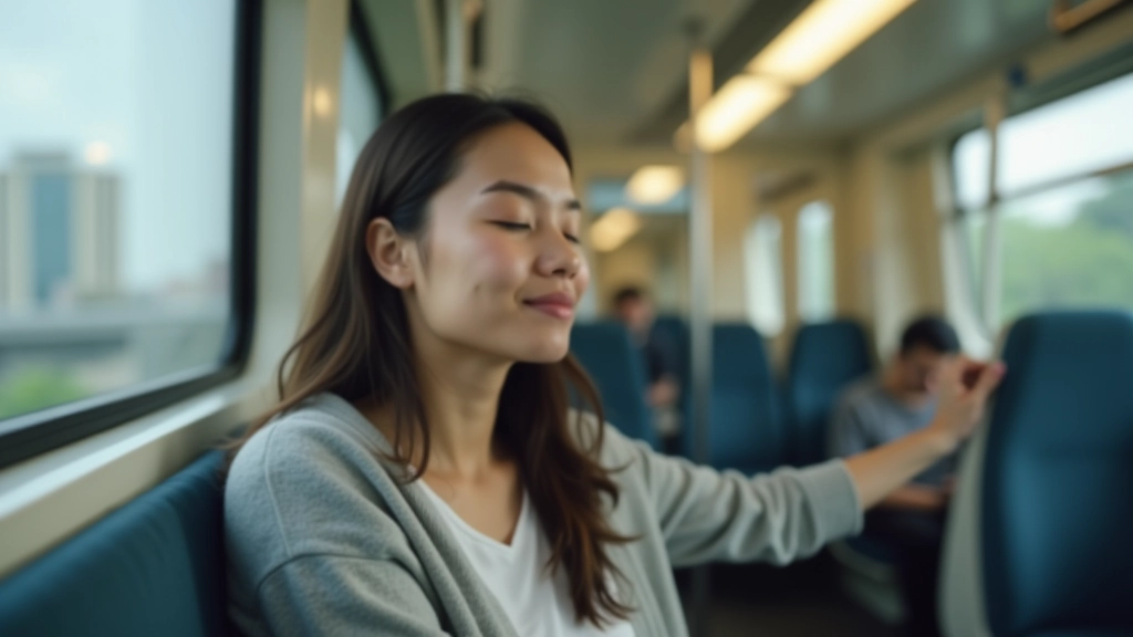 Person on MRT train sitting calmly with eyes closed, hand on armrest, peaceful expression, commute setting