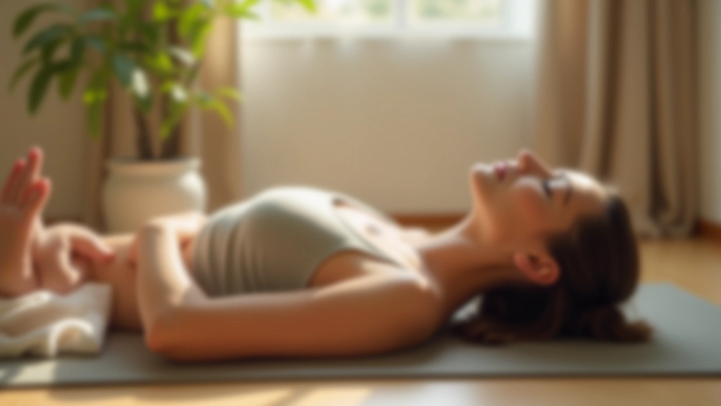 Woman lying on yoga mat in relaxed position, peaceful expression, soft studio lighting, full body shot
