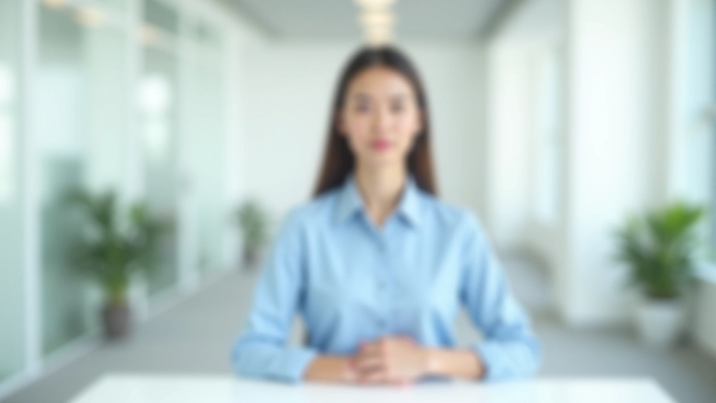 Woman demonstrating proper diaphragmatic breathing posture at desk with relaxed shoulders and hand on belly